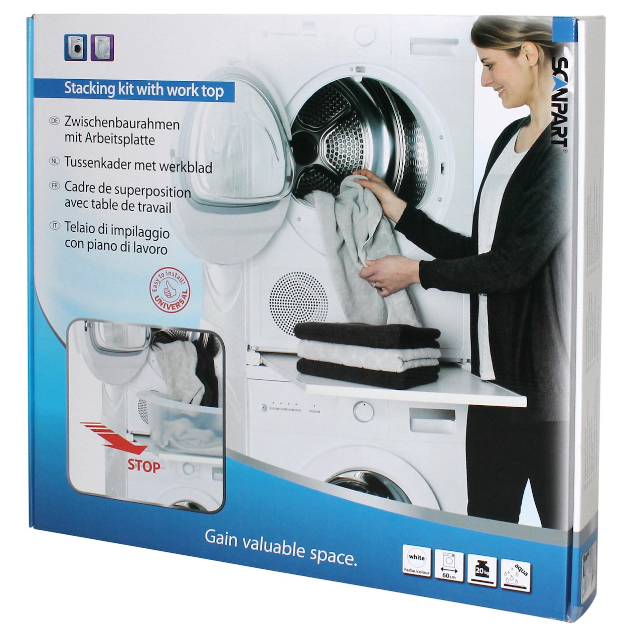 Scanpart tussenkader voor wasmachine en droger met werkblad Droger accessoire Wit afbeelding