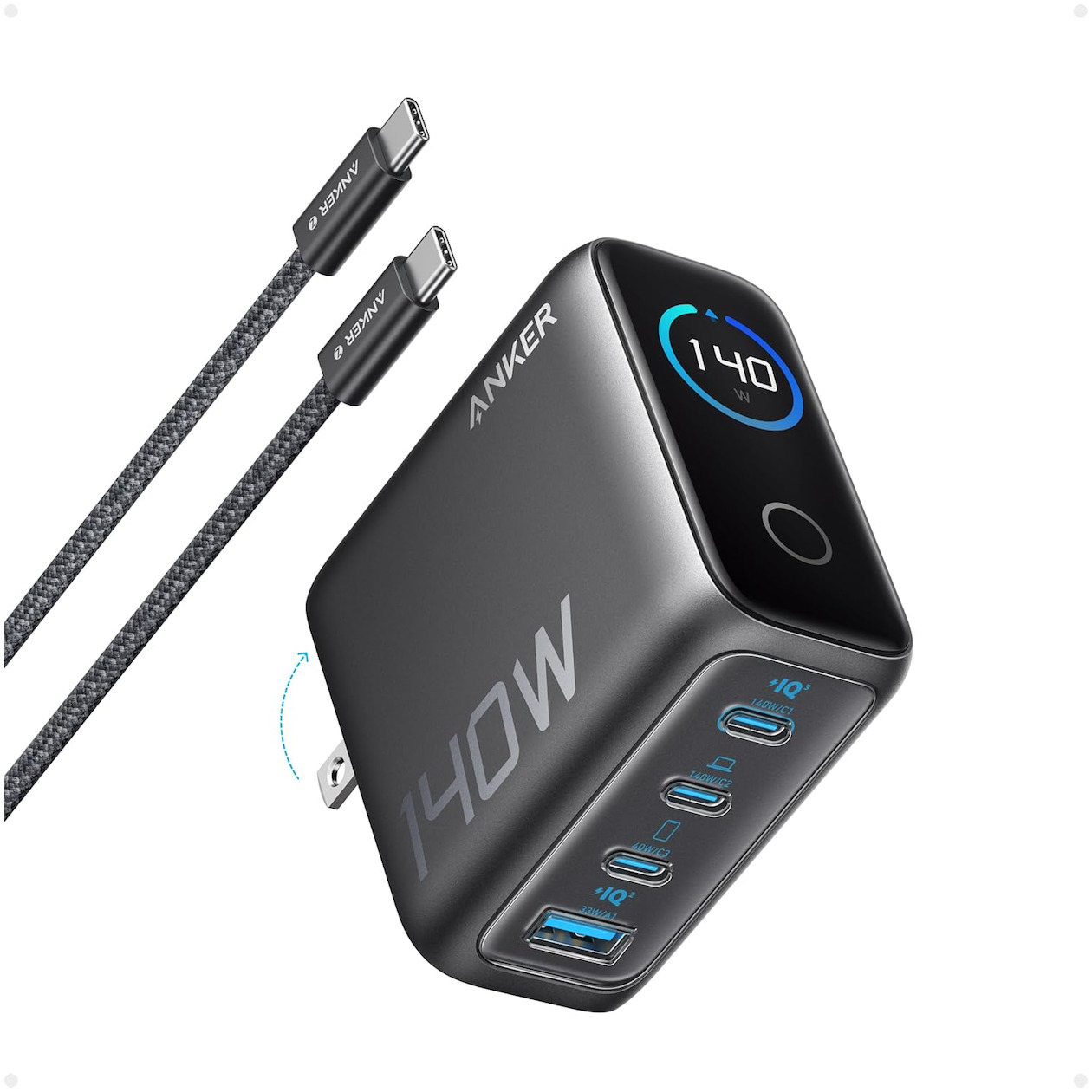 Anker Zolo 140W Charger 4-Port PD 3.1 with smart display 3C1A 1xUSB-C cable Oplader afbeelding