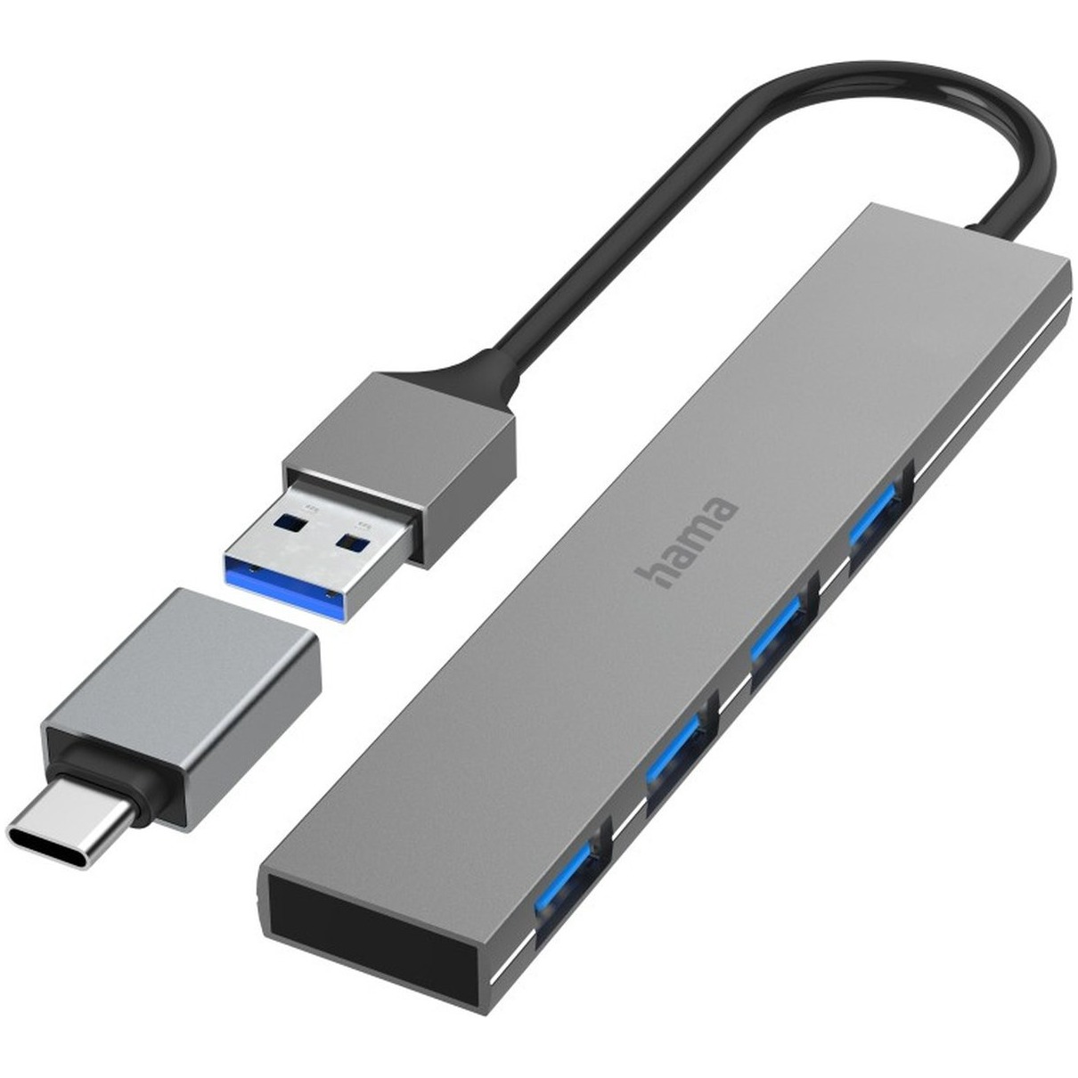 Hama USB Hub 4 Ports USB 3.2 Gen 1/ 5 Gbit/s Ultra-Slim incl. USB-C Adapter USB Hub Grijs afbeelding