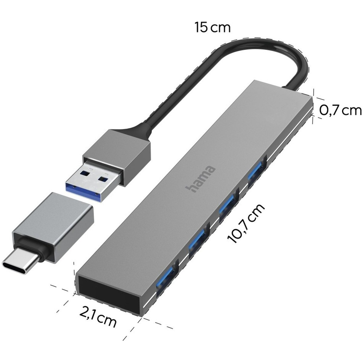 Hama 00200102 interface hub USB 3.2 Gen 1 (3.1 Gen 1) Type-C 5000 Mbit/s Antraciet, Grijs