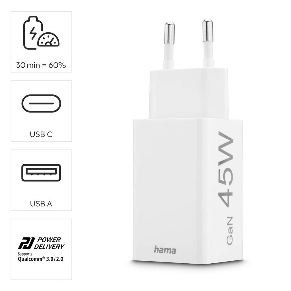 Hama Fast Charger 1x USB-C PD 1x USB-A QC Mini-Charger 45 W Oplader Wit, foto 2
