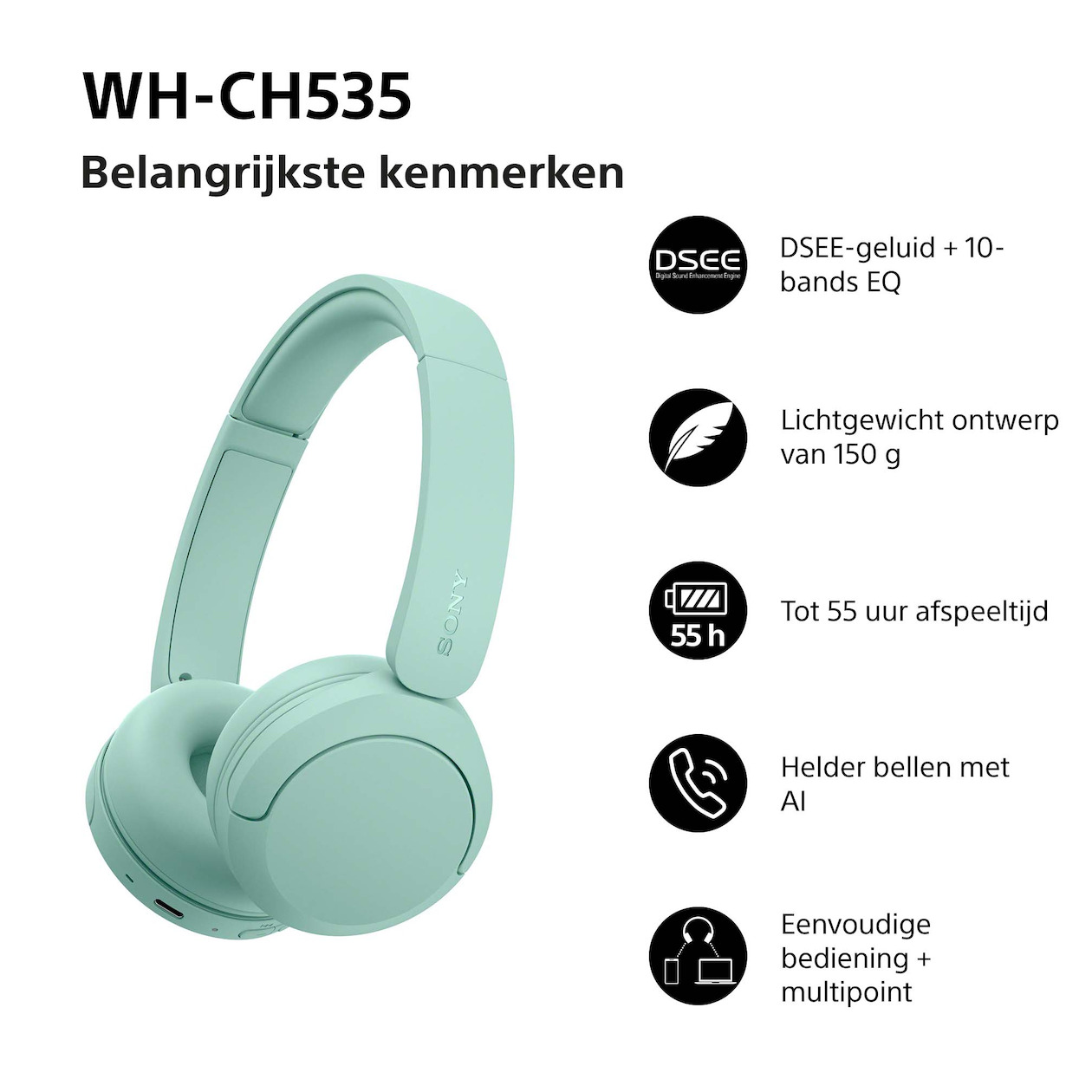 Sony WH-CH535 On-ear hoofdtelefoon Groen, foto 2