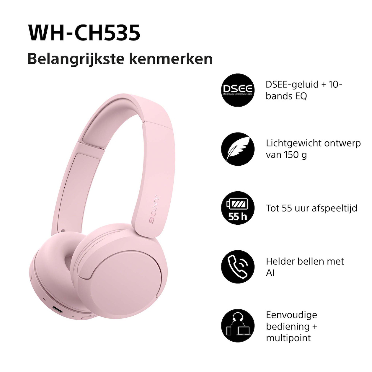 Sony WH-CH535 On-ear hoofdtelefoon Roze, foto 2