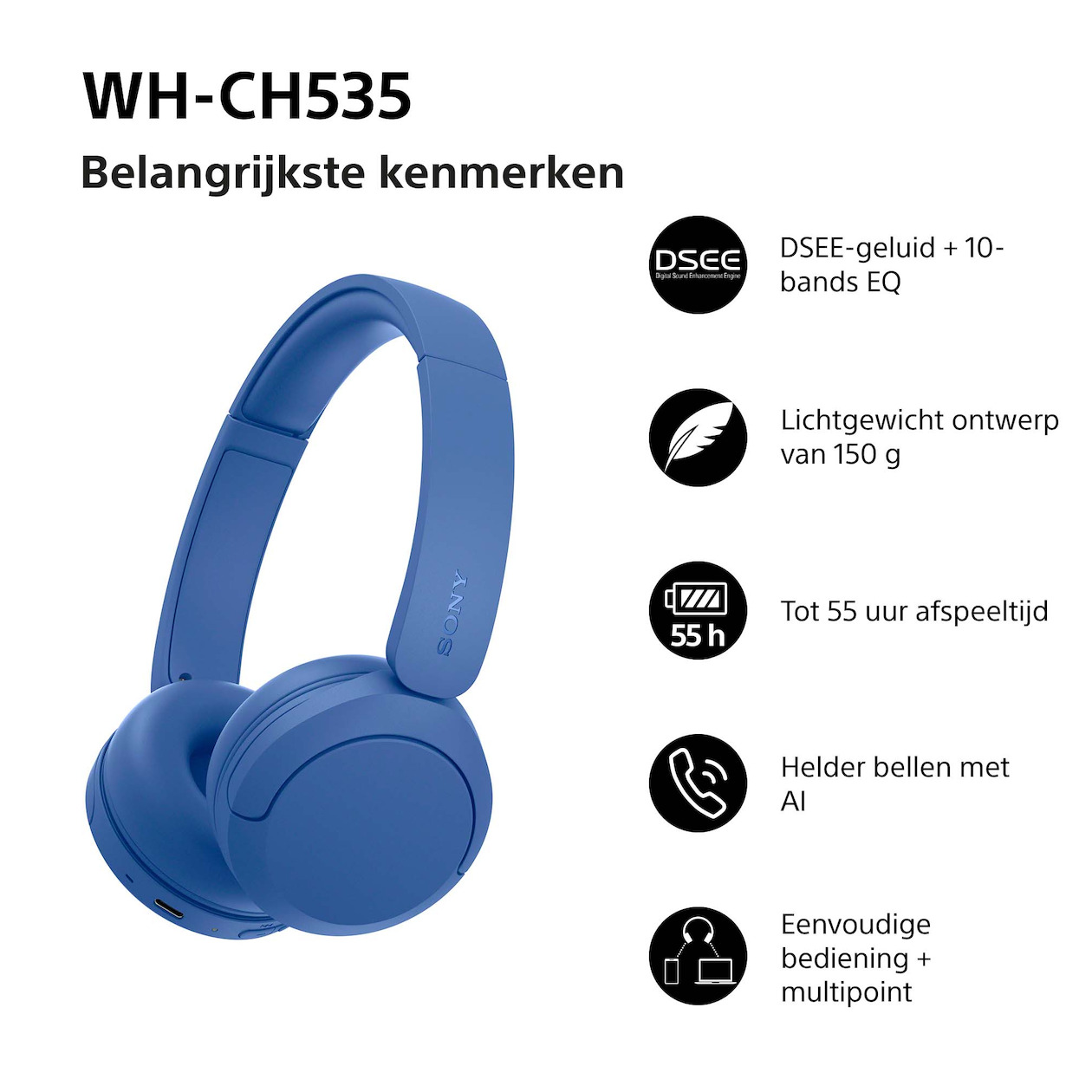 Sony WH-CH535 On-ear hoofdtelefoon Blauw, foto 2