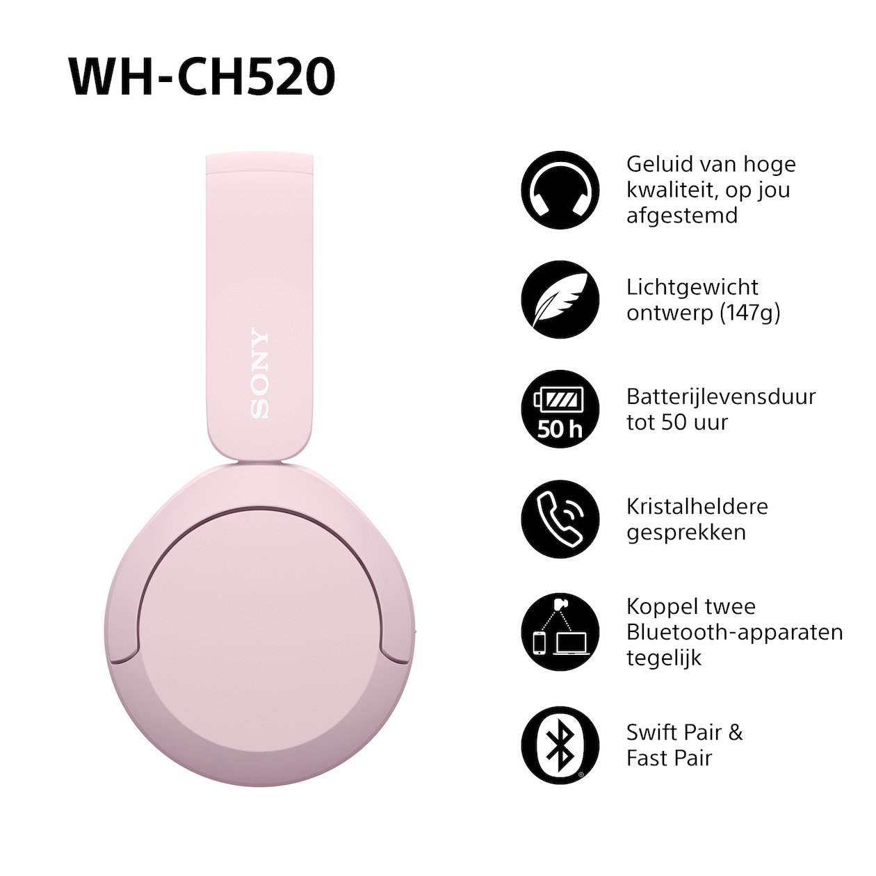 Sony WH-CH520 Over-ear hoofdtelefoon Roze, foto 2