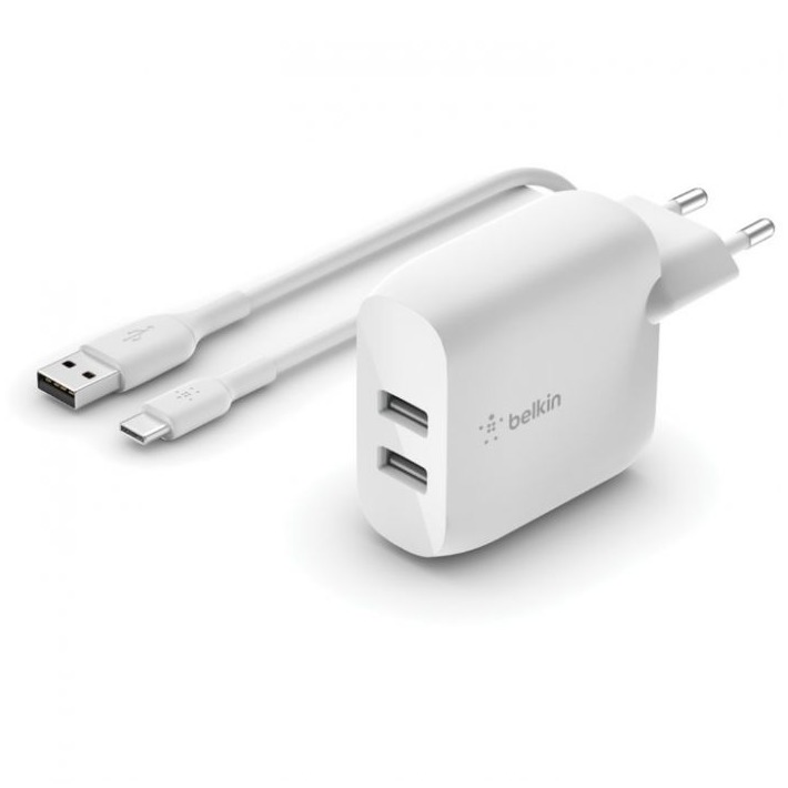 Belkin Dual USB Wall Charger + USB-A naar USB-C kabel - 24W Oplader Wit afbeelding