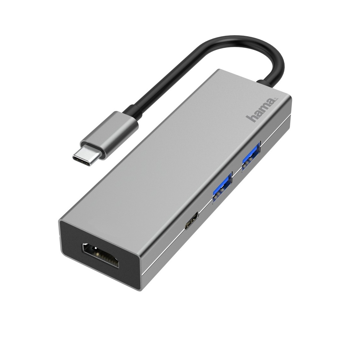 Hama USB-C-multiport-adapter, 4-poorts, 2x USB-A, USB-C, HDMI USB Hub Grijs afbeelding