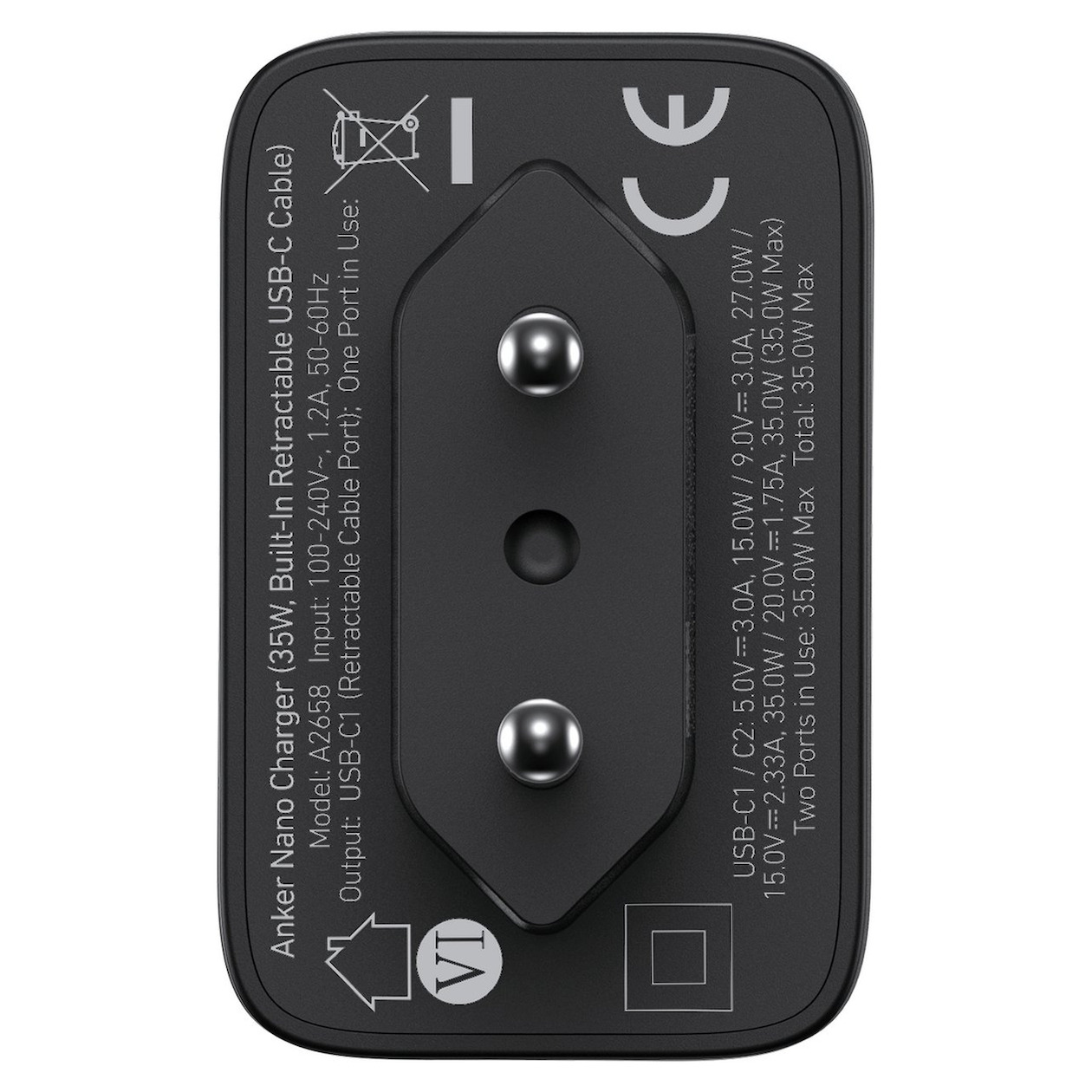 Anker Nano wired charger (35W) 1C with 1 retractable cable Oplader