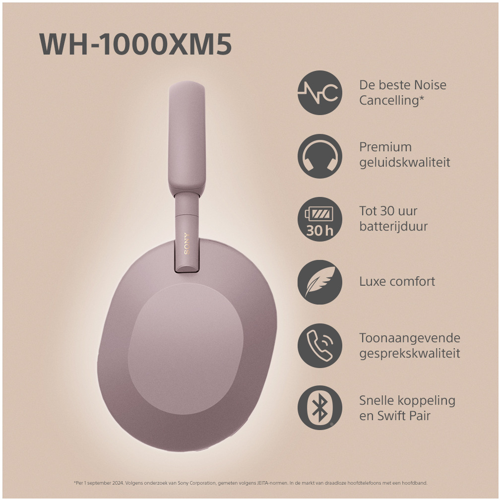Sony WH-1000XM5 Over-ear hoofdtelefoon Roze, foto 2