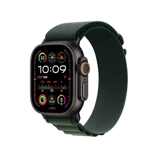 Apple Watch Ultra 2 GPS + Cellular 49mm Titanium Case met Dark Green Alpine Loop - Large Smartwatch Zwart afbeelding
