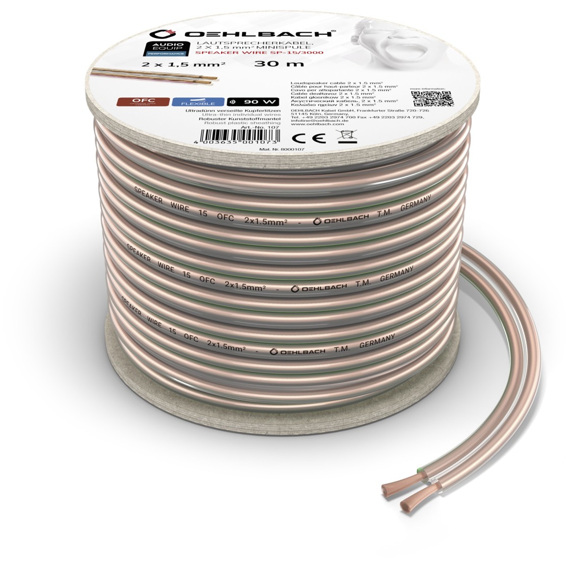 Oehlbach Luidsprekerkabel 2 x 1,5 mm², minihaspel 30 m Luidspreker kabel Transparant afbeelding