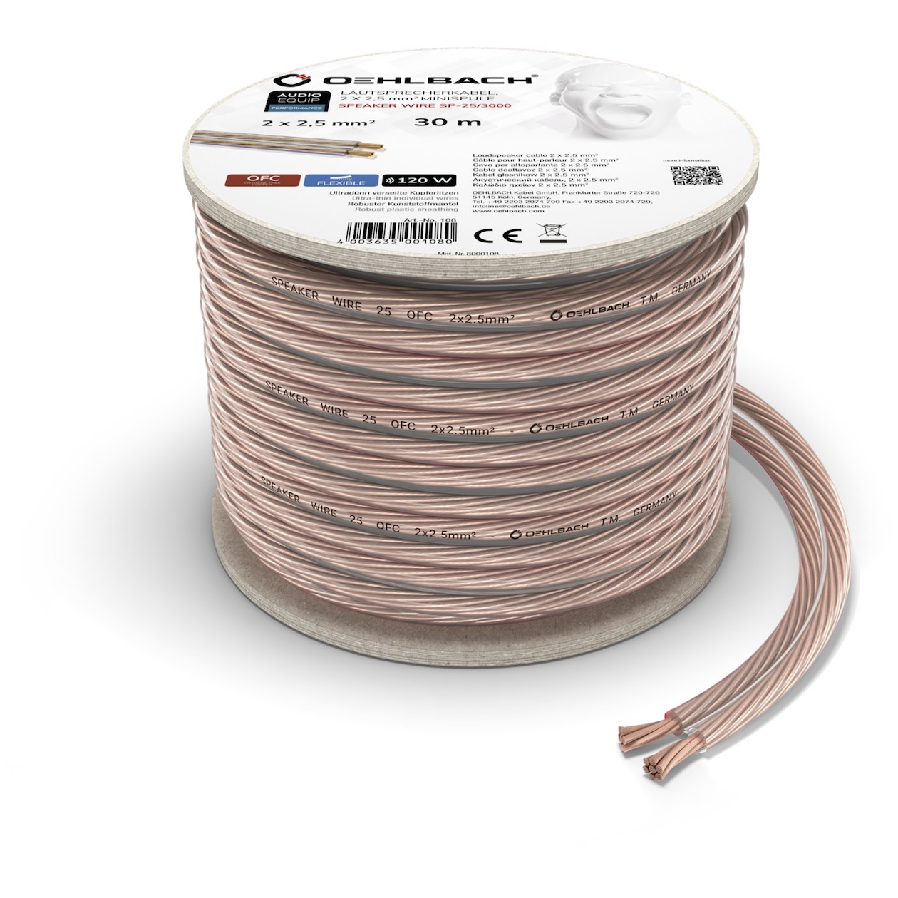 Oehlbach Luidsprekerkabel 2 x 2,5 mm², minihaspel 30 m Luidspreker kabel Transparant afbeelding