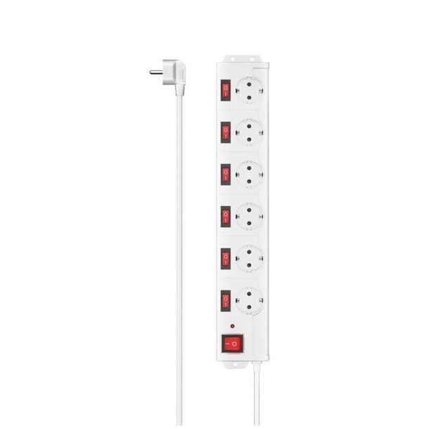 Hama Stekkerdoos, 6-voudig, overspanningsbev., 90 , ind. schakelbaar, 1,4m Kabel Wit afbeelding