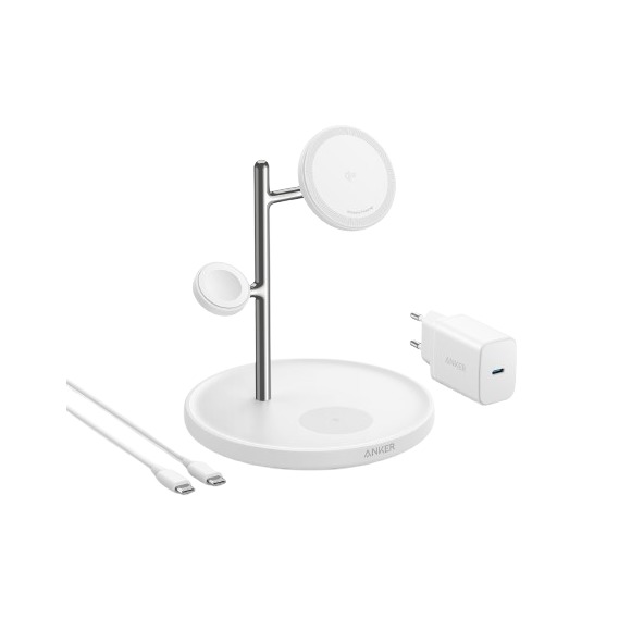 Anker MagGo Magnetic Wireless Charger 15W 3-in-1 Stand EU Plug Oplader Wit afbeelding