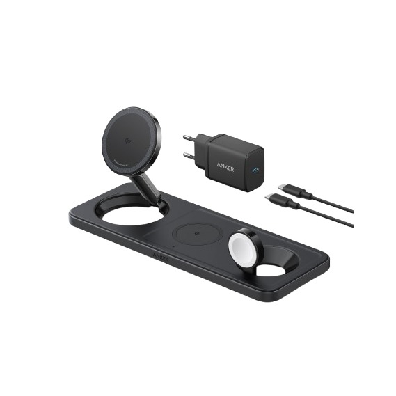 Anker MagGo Magnetic Wireless Charger 15W 3-in-1 Pad EU Plug Oplader Zwart afbeelding