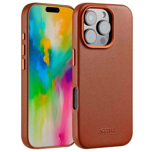 Accezz MagSafe Leather Backcover voor iPhone 16 Pro Telefoonhoesje Bruin afbeelding