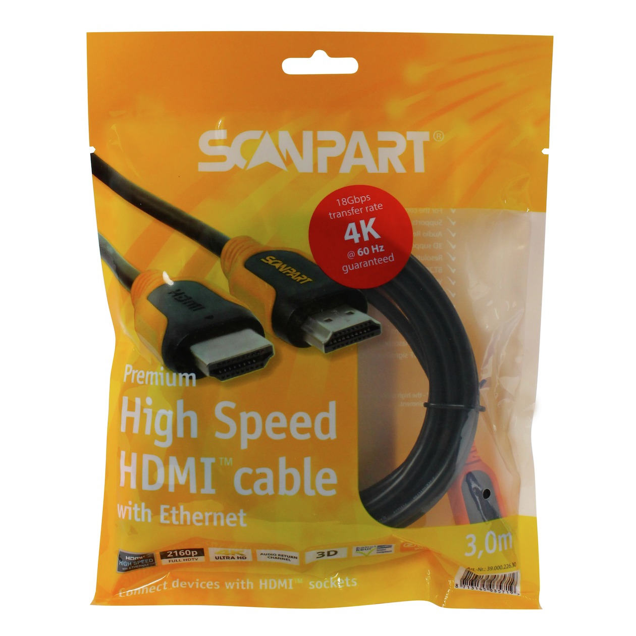 Scanpart Premium High Speed HDMI kabel met Ethernet 3.0m 4K60Hz 18Gbps HDMI kabel afbeelding