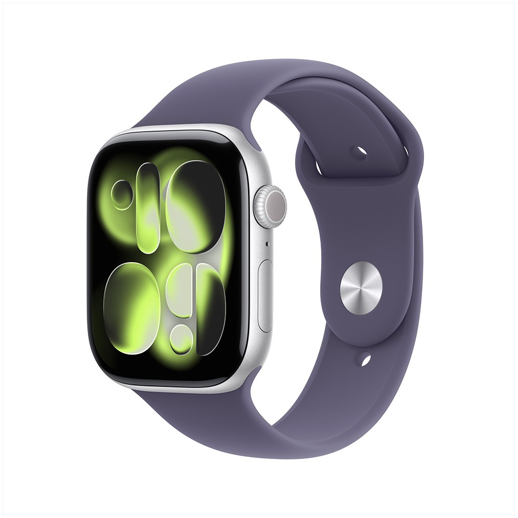 Apple Watch Series 11 GPS + Cellular 46mm Silver Aluminium Case met Purple Fog Sport Band - M/L Smartwatch Zilver