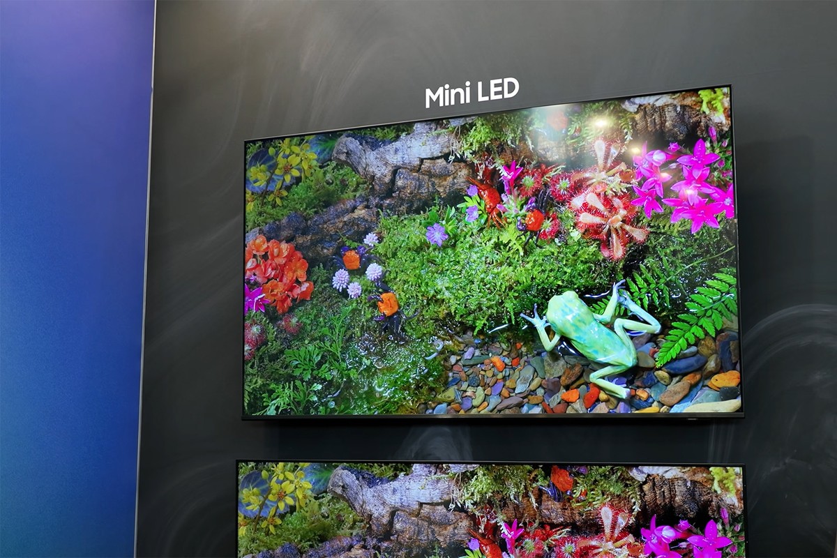 Samsung M70H hangend in een showroom met op beeld een groene kikker die zich voortbeweegt op een kleurrijke ondergrond.