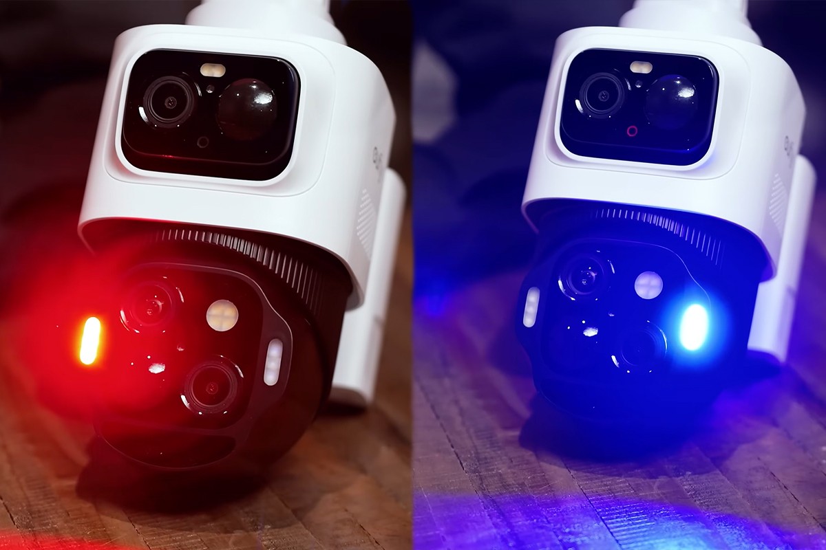 De Eufy S4 Camera is twee keer te zien. Eén keer met een fel rood licht en één keer met een fel blauw licht. Dit laat de sirenefunctie van het apparaat zien.