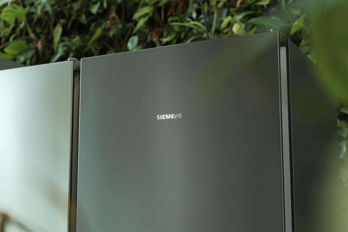 Tussen de bladeren van een plant door is de voorkant van een Siemens iQ300-koelkast te zien.