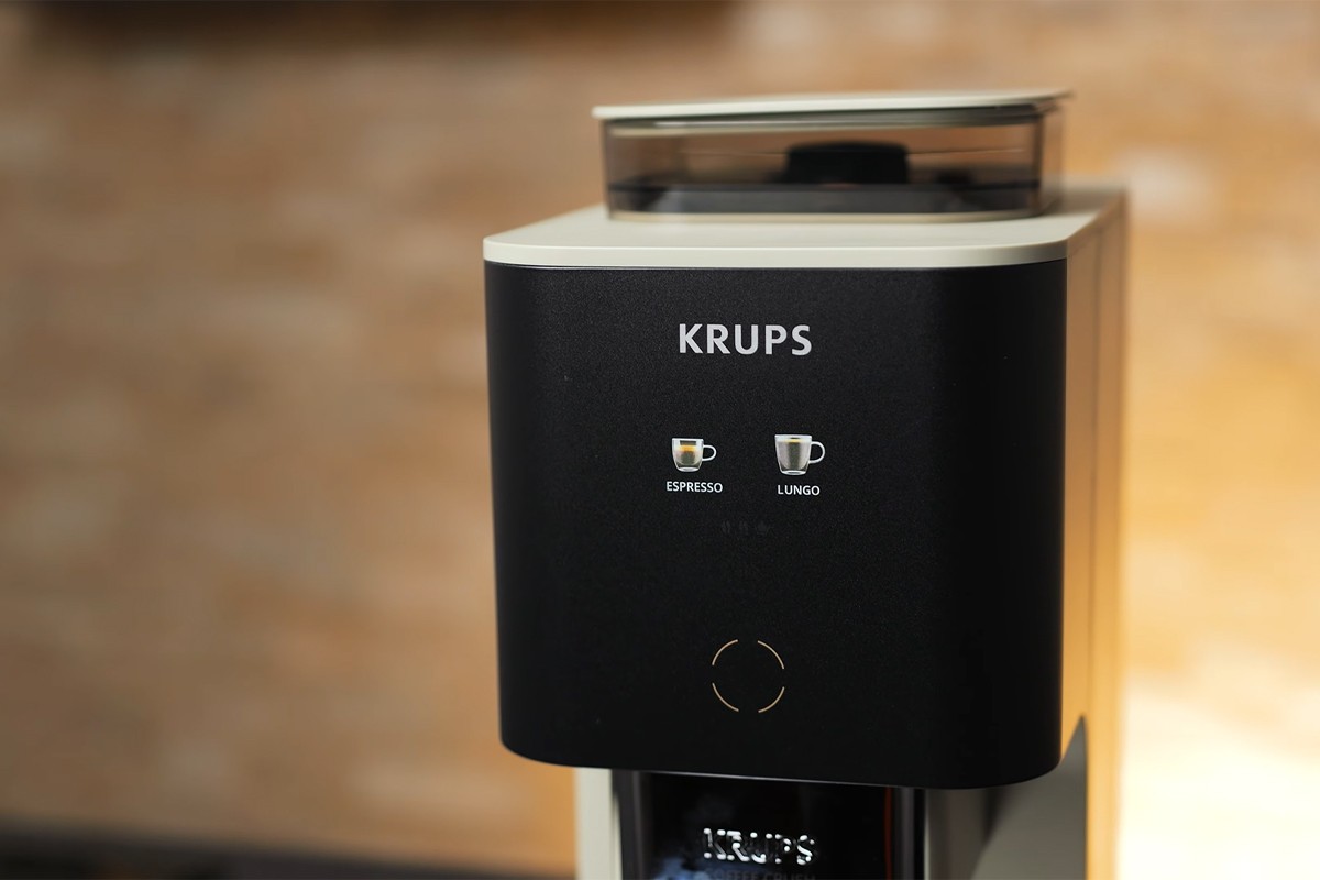 Close-up van het display met de keuzes voor Espresso en Lungo.
