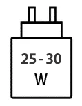 Icoon met minimale (25 watt) en maximale (30 watt) vermogen van de oplader