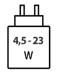 Icoon met minimale (4,5 watt) en maximale (23 watt) vermogen van de oplader