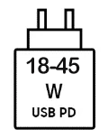 Icoon met minimale (18 watt) en maximale (45 watt) vermogen van de oplader height=