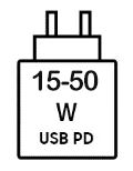 Icoon met minimale (15 watt) en maximale (50 watt) vermogen van de oplader