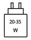 Icoon met minimale (20 watt) en maximale (35 watt) vermogen van de oplader