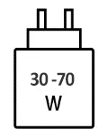 Icoon met minimale (30 watt) en maximale (70 watt) vermogen van de oplader height=