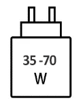 Icoon met minimale (35 watt) en maximale (70 watt) vermogen van de oplader
