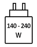 Icoon met minimale (140 watt) en maximale (240 watt) vermogen van de oplader