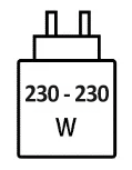 Icoon met minimale (230 watt) en maximale (230 watt) vermogen van de oplader