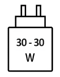 Icoon met minimale (30 watt) en maximale (30 watt) vermogen van de oplader