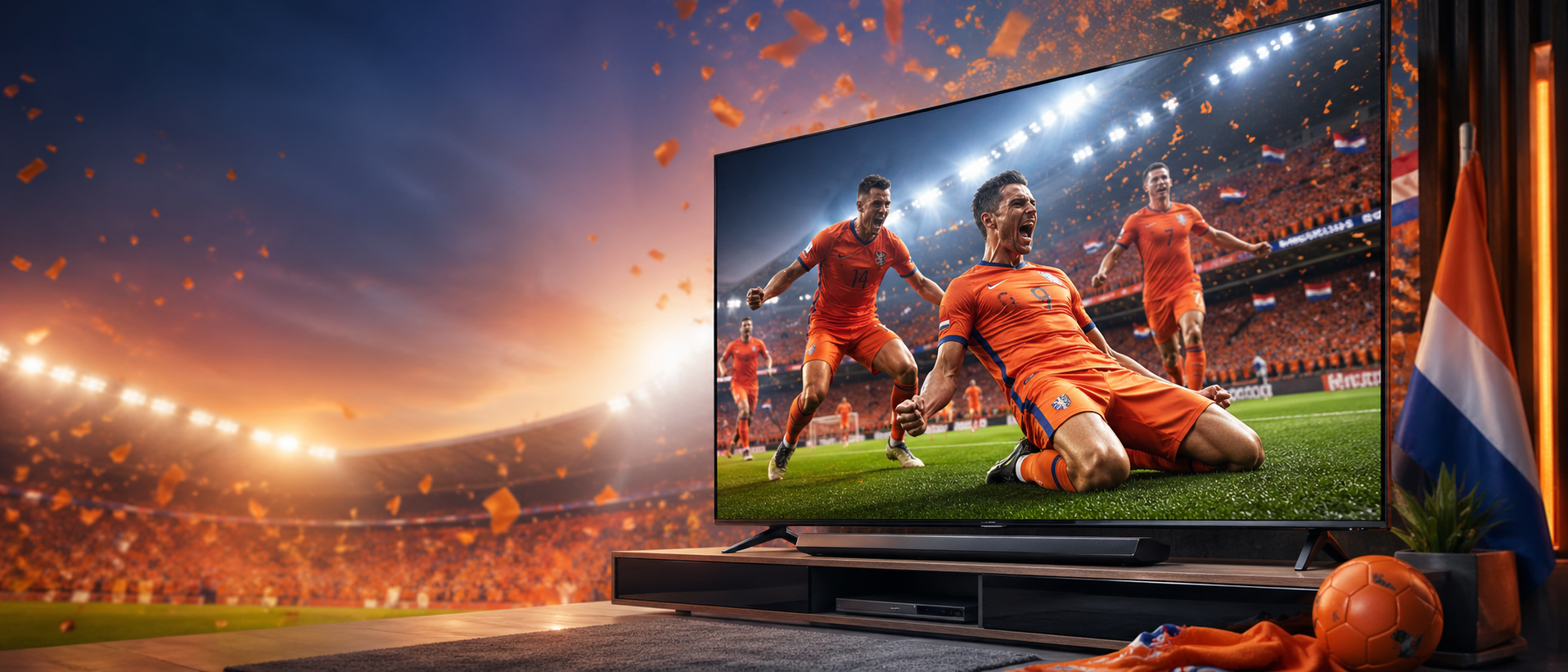 Gezin kijkt voetbal op een grote tv in de woonkamer