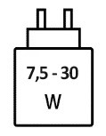 Icoon met minimale (7,5 watt) en maximale (30 watt) vermogen van de oplader
