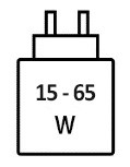 Icoon met minimale (15 watt) en maximale (65 watt) vermogen van de oplader
