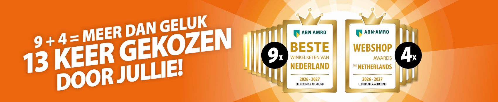 Banner met 8 keer de award voor beste winkelketen en 3 keer beste webshop in de categorie elektronica